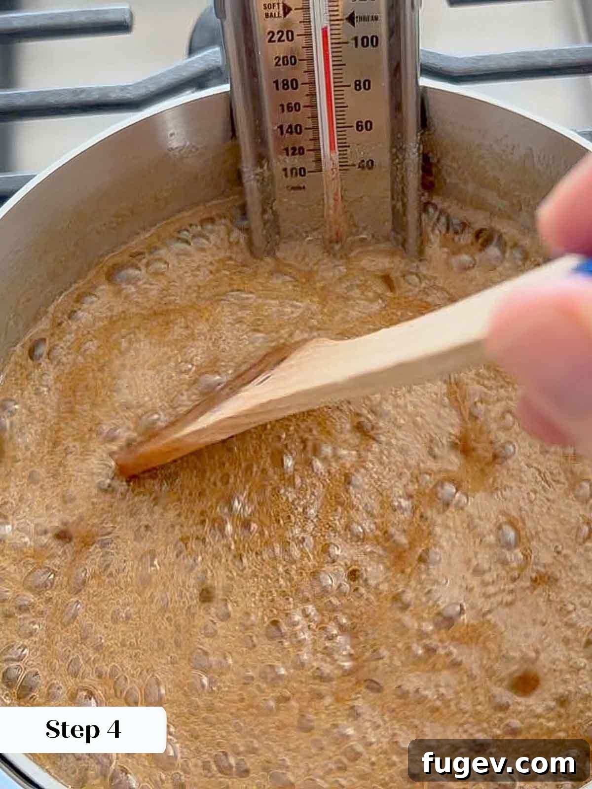 Caramel Pecan Bliss 6 boiling pecan praline candy with thermometer.