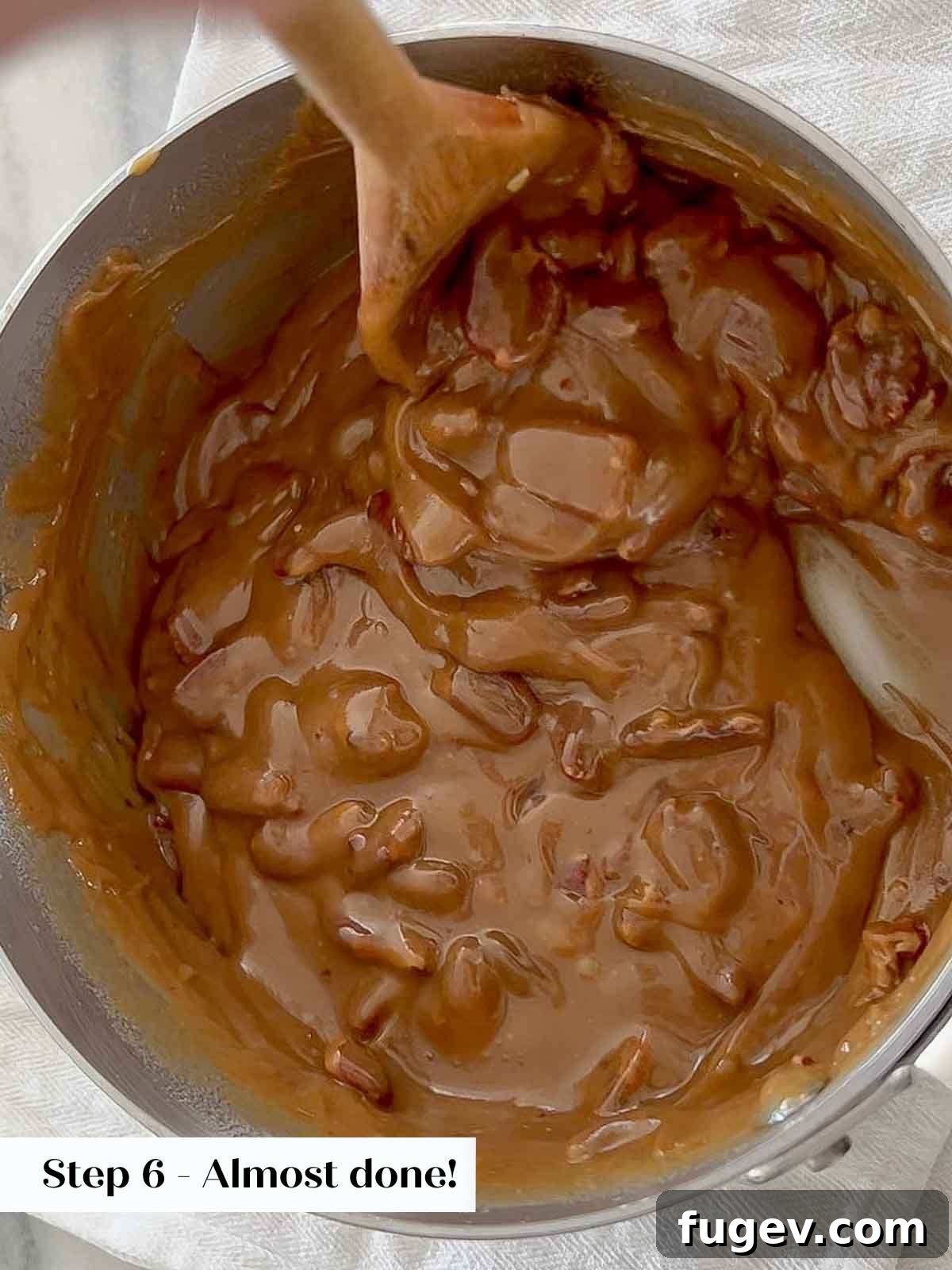 Caramel Pecan Bliss 9 almost ready to portion but still too glossy.