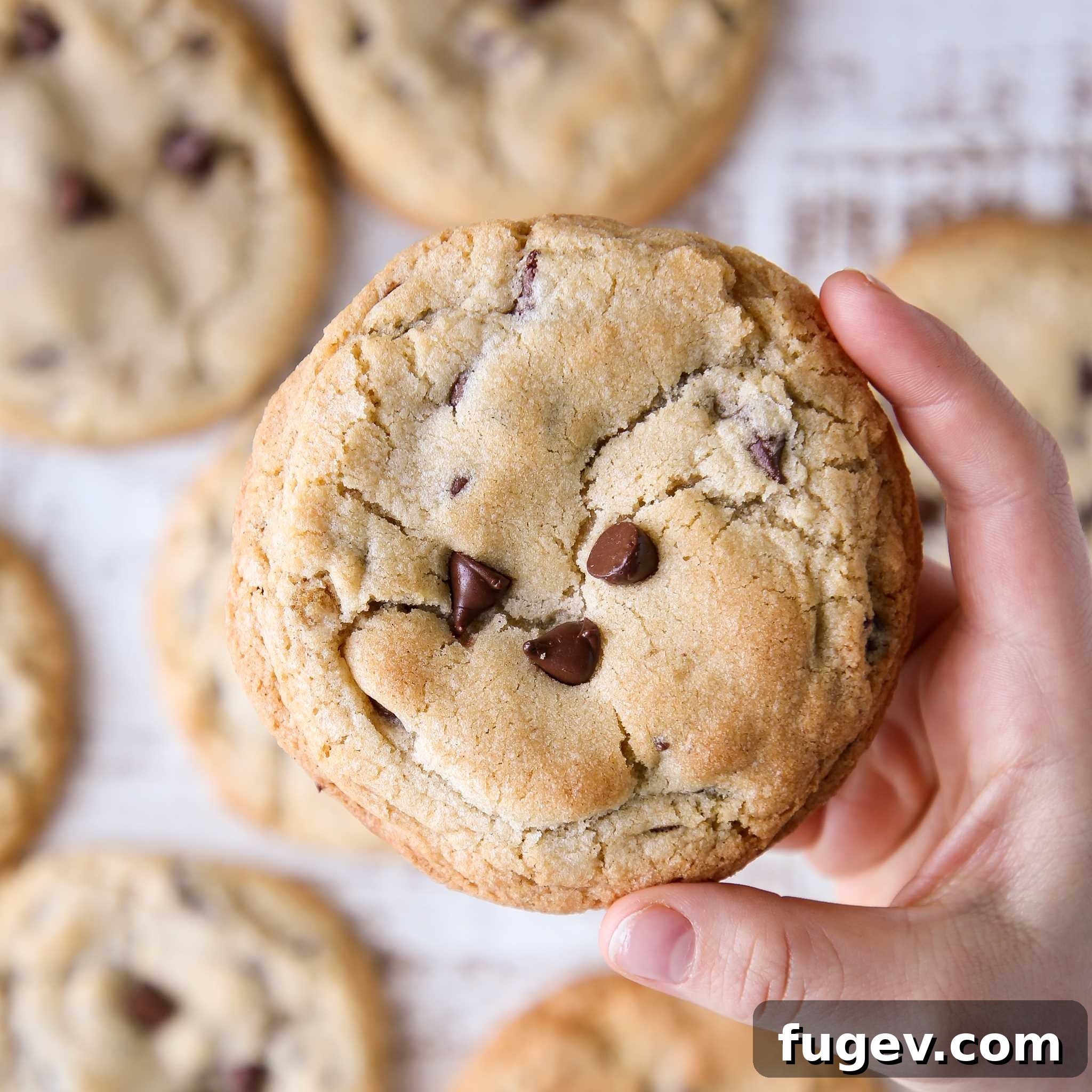 My Signature Chewy Chocolate Chip Cookies 5 Golden brown chocolate chip cookies on a baking sheet
