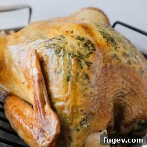 Stress-Free Thanksgiving Recipes 19 A perfectly roasted herb turkey, showcasing its golden skin and tender meat.