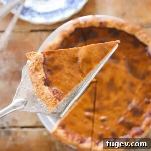 Stress-Free Thanksgiving Recipes 43 A luscious slice of Easy Pumpkin Pie on a silver pie server, ready to be enjoyed.