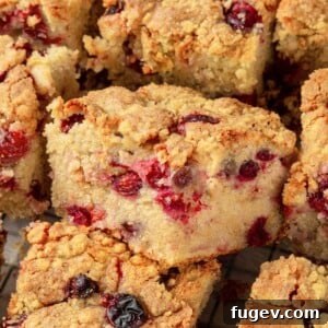 Stress-Free Thanksgiving Recipes 46 Slices of cranberry cake, showcasing its crisp brown sugar streusel over a tender, cranberry-filled crumb.