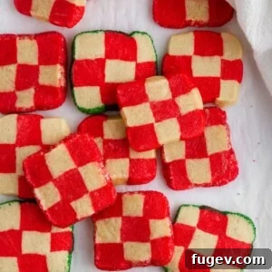 White and red peppermint checkerboard cookies, close up.