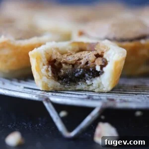 Pecan tassie on a dark background, showcasing its flaky layered crust.