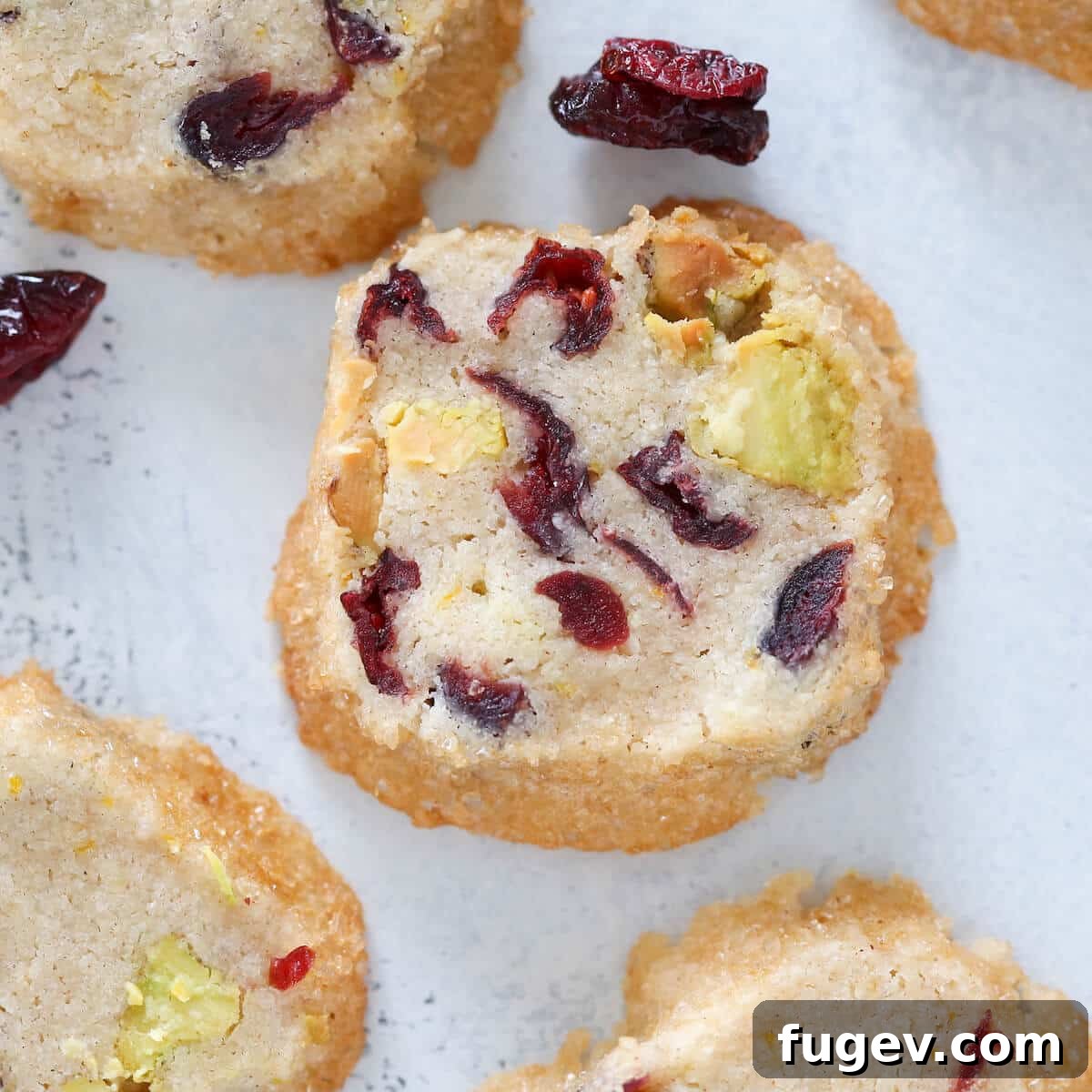 24 Irresistible Christmas Cookies 36 Pistachio Cranberry Sablee Cookie, whole and beautifully textured.