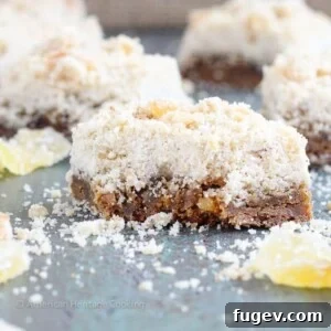 Chewy Ginger Bars with a gingerbread base and candied ginger crumble topping.