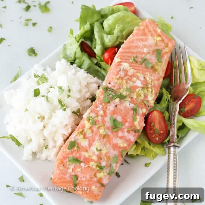 Citrus Ginger Salmon with Creamy Coconut Rice 6 A serving of Ginger Lime Salmon on a bed of Coconut Rice, garnished.
