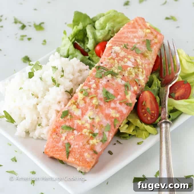 Citrus Ginger Salmon with Creamy Coconut Rice 8 Plated Ginger Lime Salmon with Coconut Rice, ready to be served.