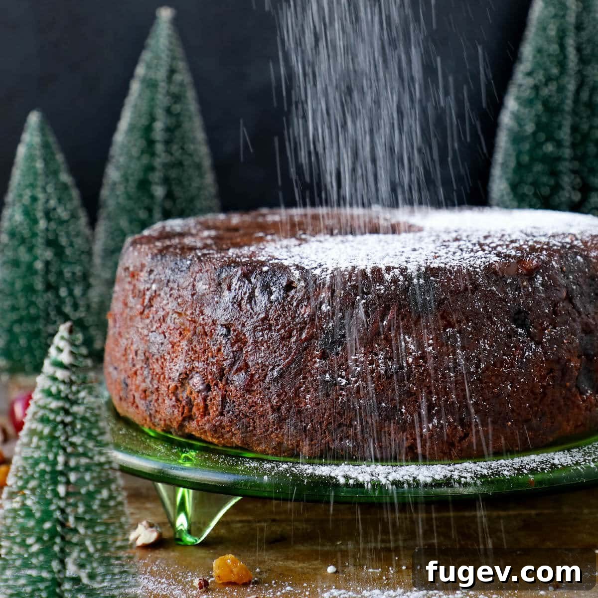 Candied Fruit Confection 4 Unsliced fruit cake being dusted with confectioners sugar, ready for a festive presentation.