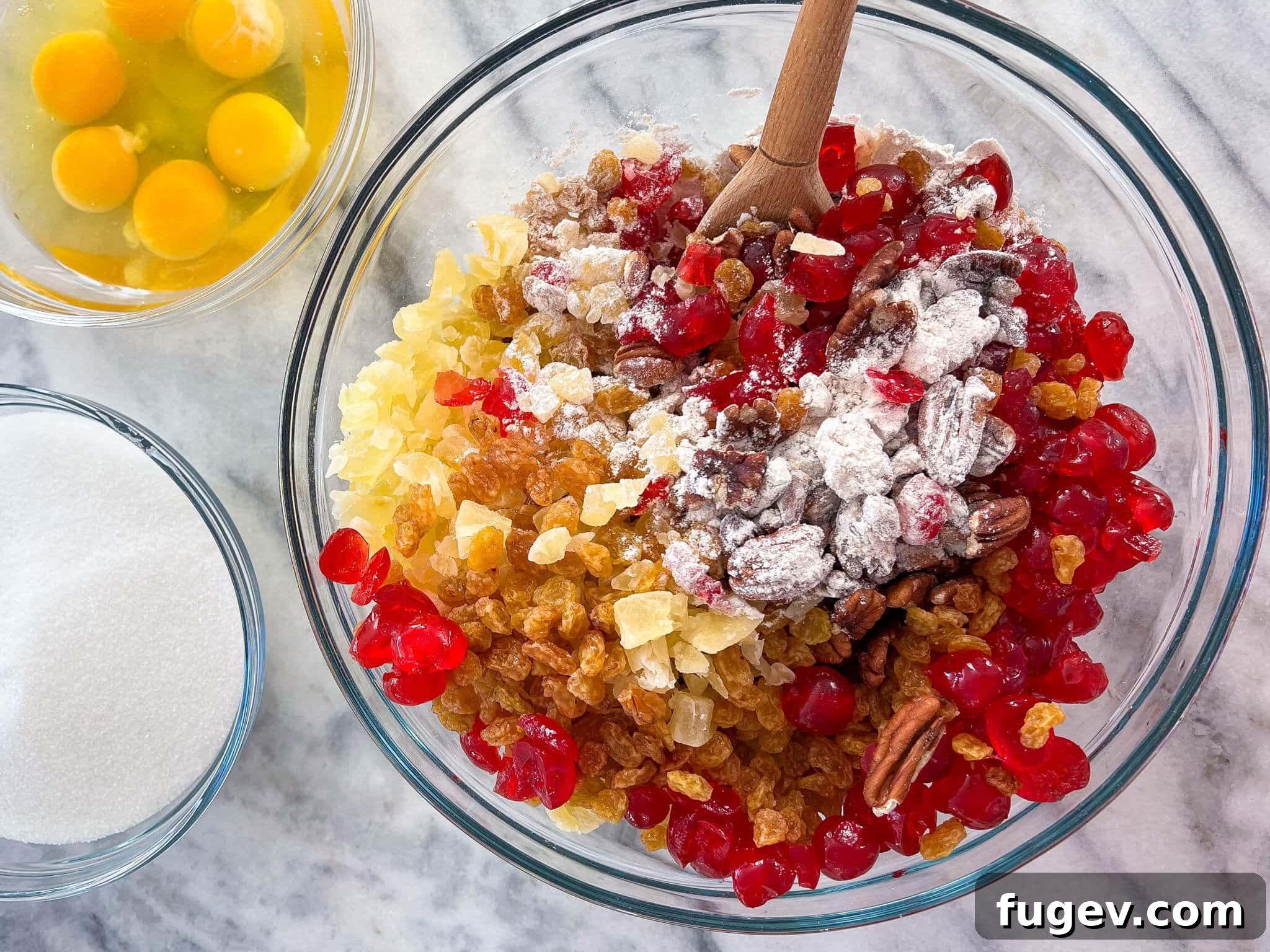 Candied Fruit Confection 5 Mixing bowl with flour and spices, ready for fruit cake preparation.