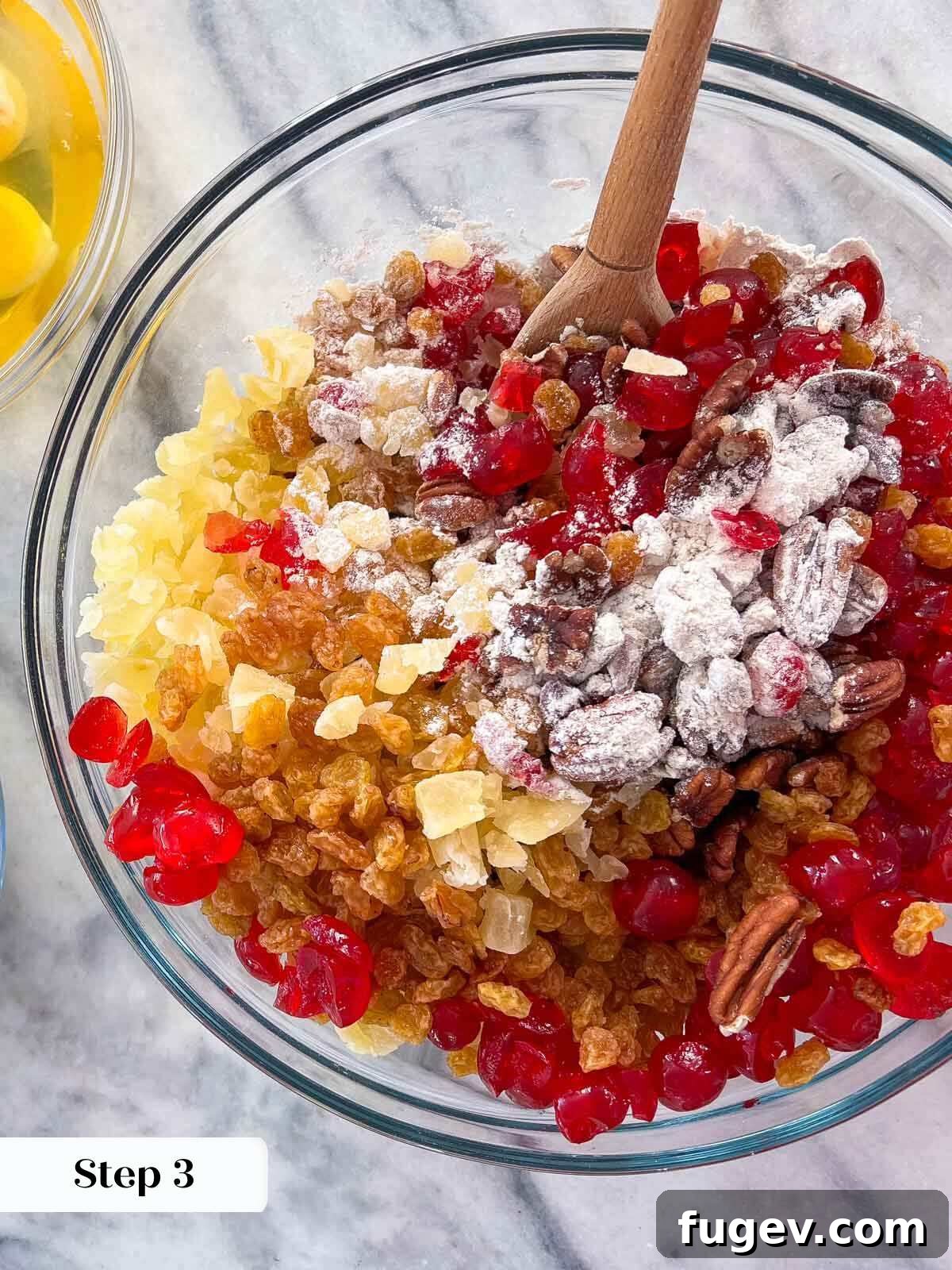 Candied Fruit Confection 6 Chopped fruit and nuts in a bowl, ready for the fruit cake batter.