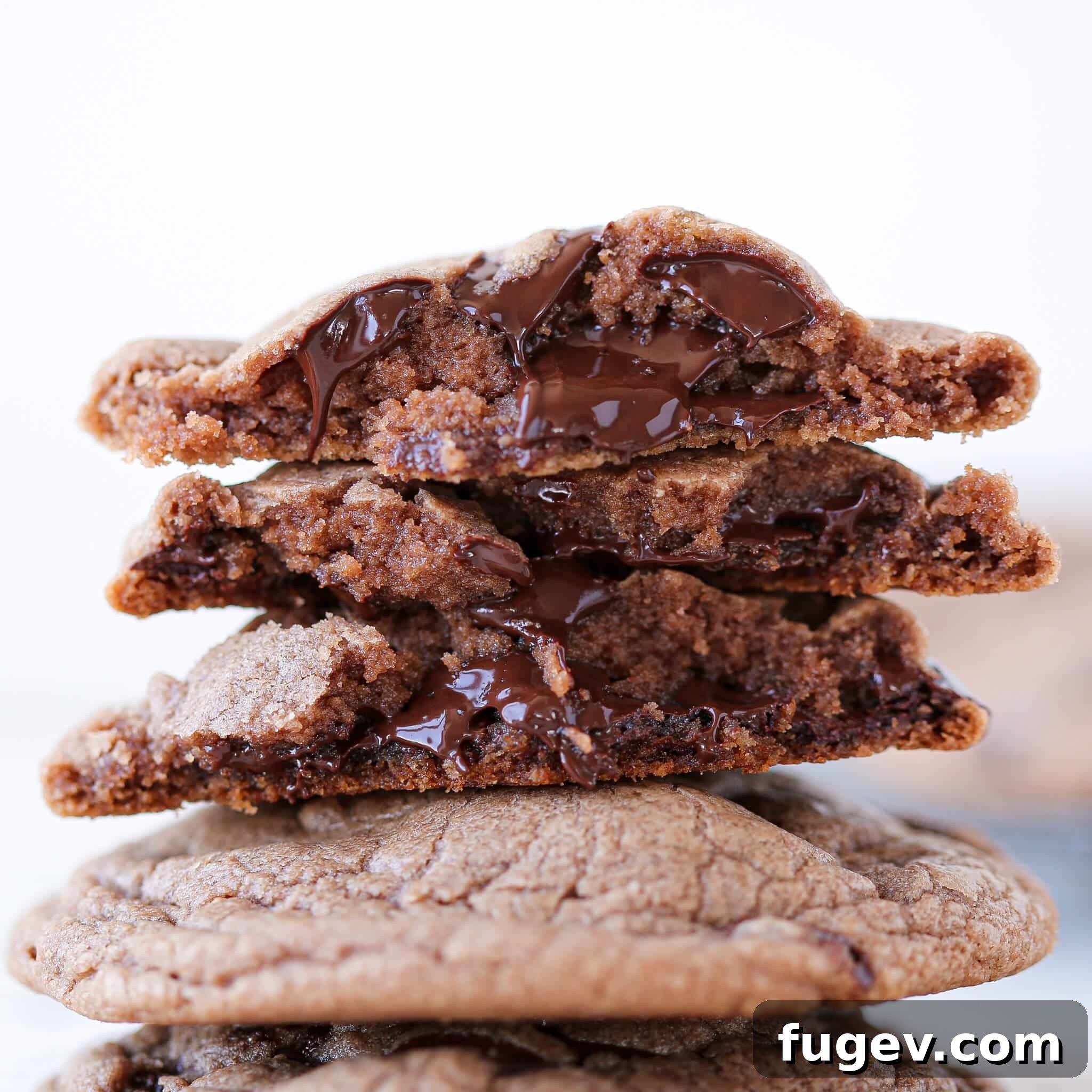 Gooey Nutella Cookies 4 Close-up of a soft and gooey Nutella Chocolate Chip Cookie, showing melted chocolate chips inside.