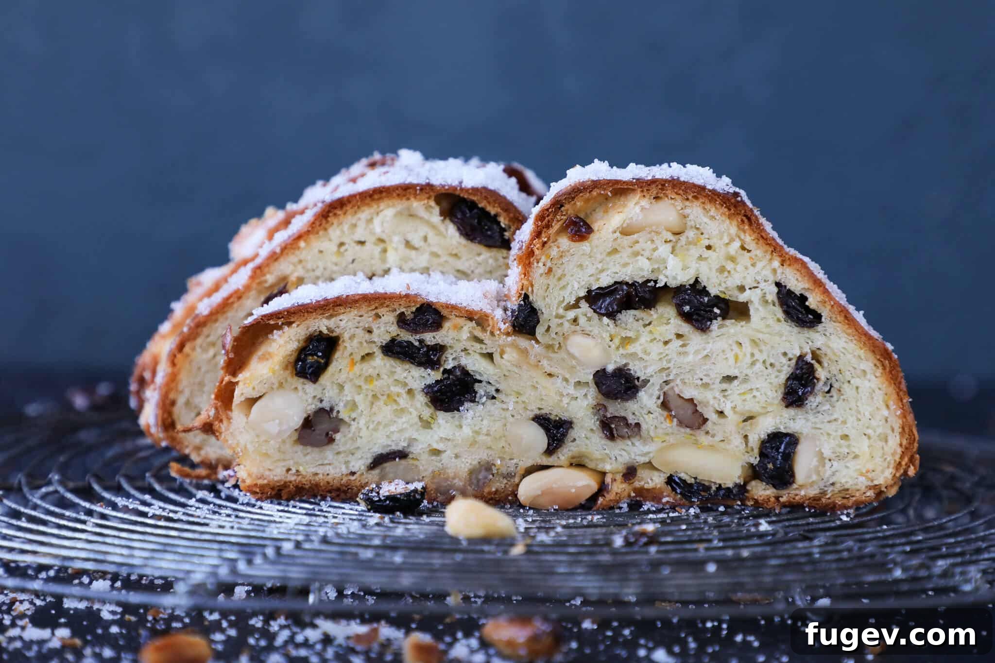 Bake the Perfect Holiday Stollen 4 Stollen Crumb - A close-up view of Stollen's interior, revealing its soft crumb texture and evenly distributed fruits and nuts.