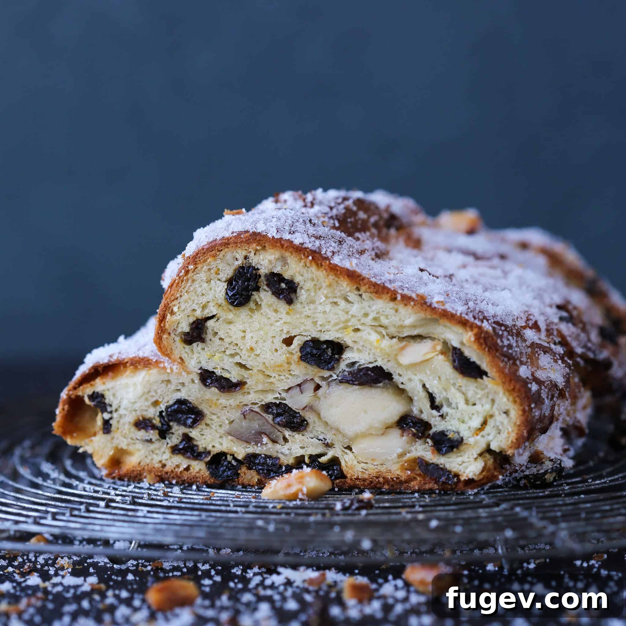 Bake the Perfect Holiday Stollen 8 Holiday Loaf Soft Inside - A cross-section of Stollen, revealing its incredibly soft, fluffy interior, packed with fruit and nuts.