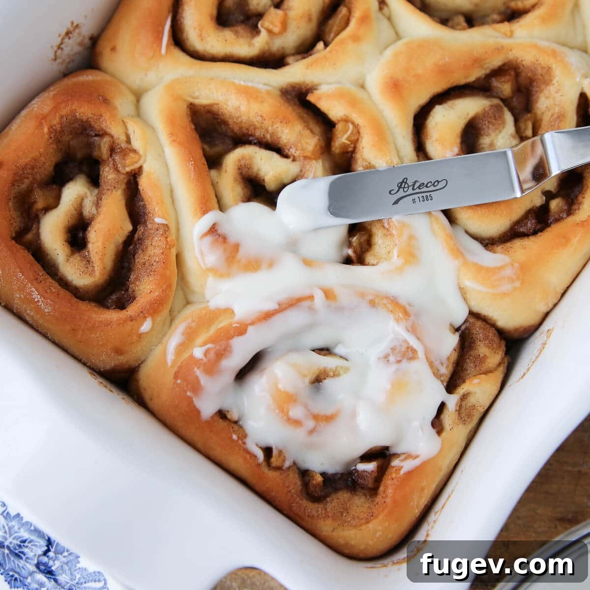 Warm Apple Cinnamon Rolls 5 Golden Top of Baked Spiced Fruit Buns