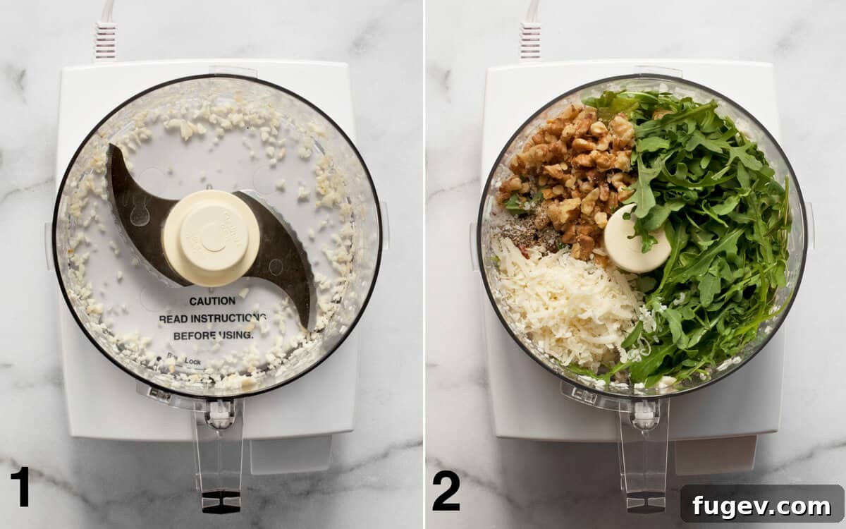 Peppery Arugula Pesto Pasta 4 Two images side-by-side: left shows finely chopped garlic in a food processor, right shows all pesto ingredients, including arugula, walnuts, Parmesan, lemon, and spices, added to the food processor before blending.