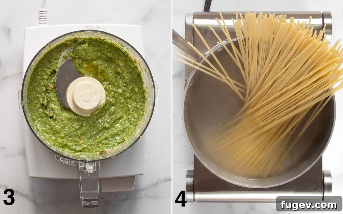 Peppery Arugula Pesto Pasta 5 Two images side-by-side: left shows smooth, vibrant green pesto puréed in a food processor, right shows pasta boiling in a large pot on the stove.