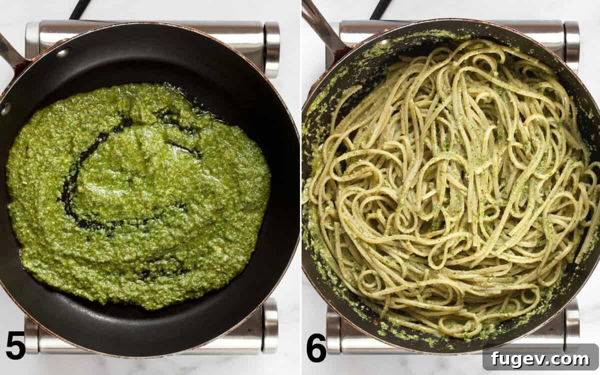 Peppery Arugula Pesto Pasta 6 Two images side-by-side: left shows vibrant green pesto gently warming in a large skillet, right shows cooked pasta being stirred into the pesto sauce in the skillet.