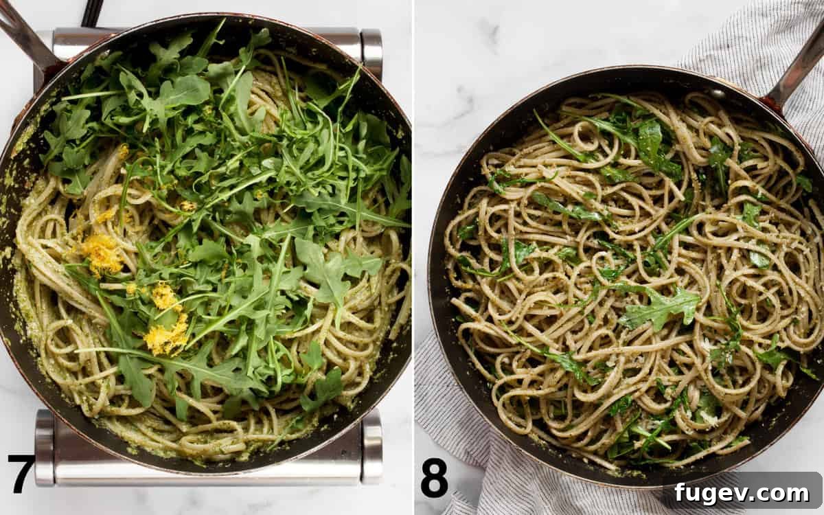 Peppery Arugula Pesto Pasta 7 Two images side-by-side: left shows fresh arugula and lemon zest being folded into the pasta with pesto, right shows the finished arugula pasta in a bowl, garnished with a generous topping of grated Parmesan cheese.