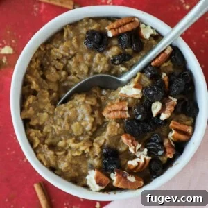 Overhead view of a bowl of delightful Gingerbread Oatmeal.