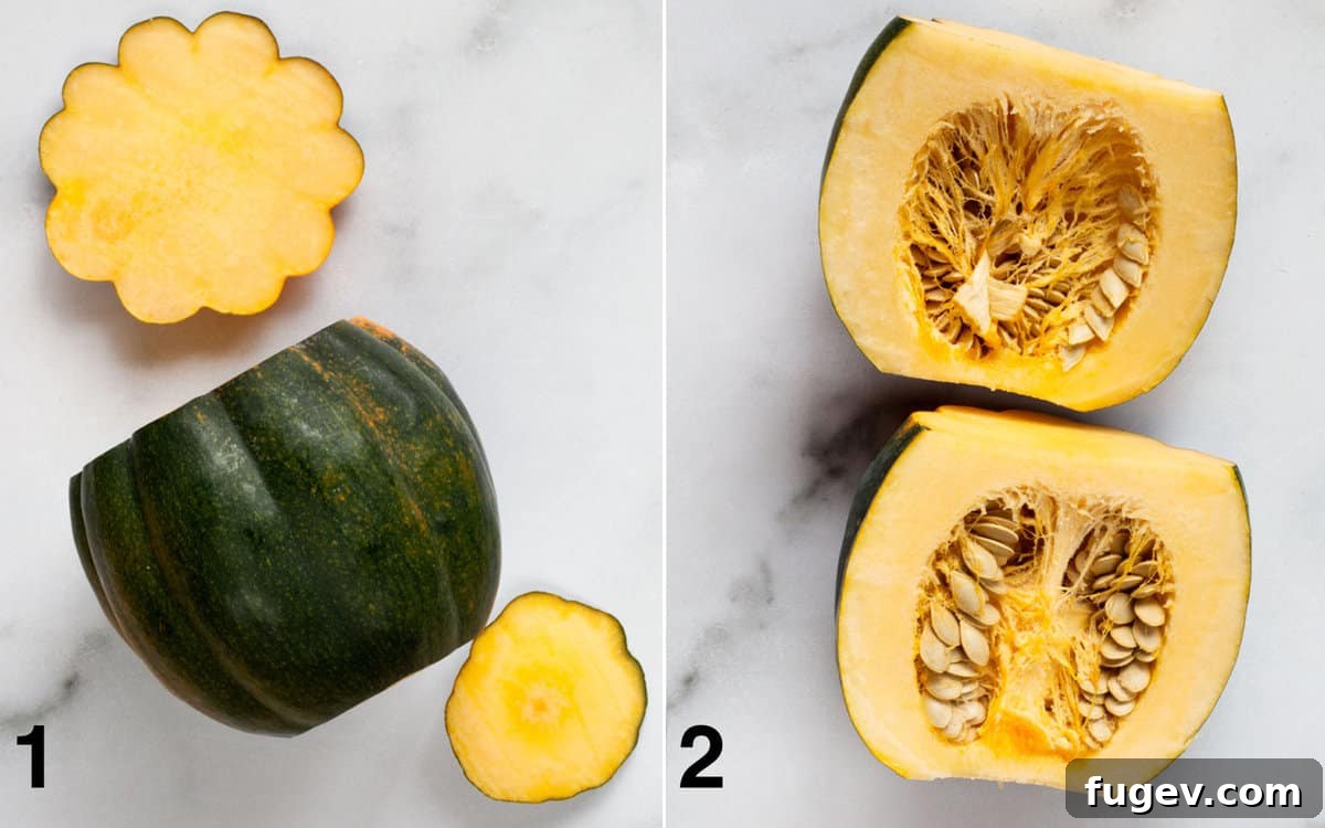 Maple Glazed Acorn Squash 3 Trim the ends of the acorn squash and then slice it in half lengthwise, showcasing the yellow flesh and seeds.