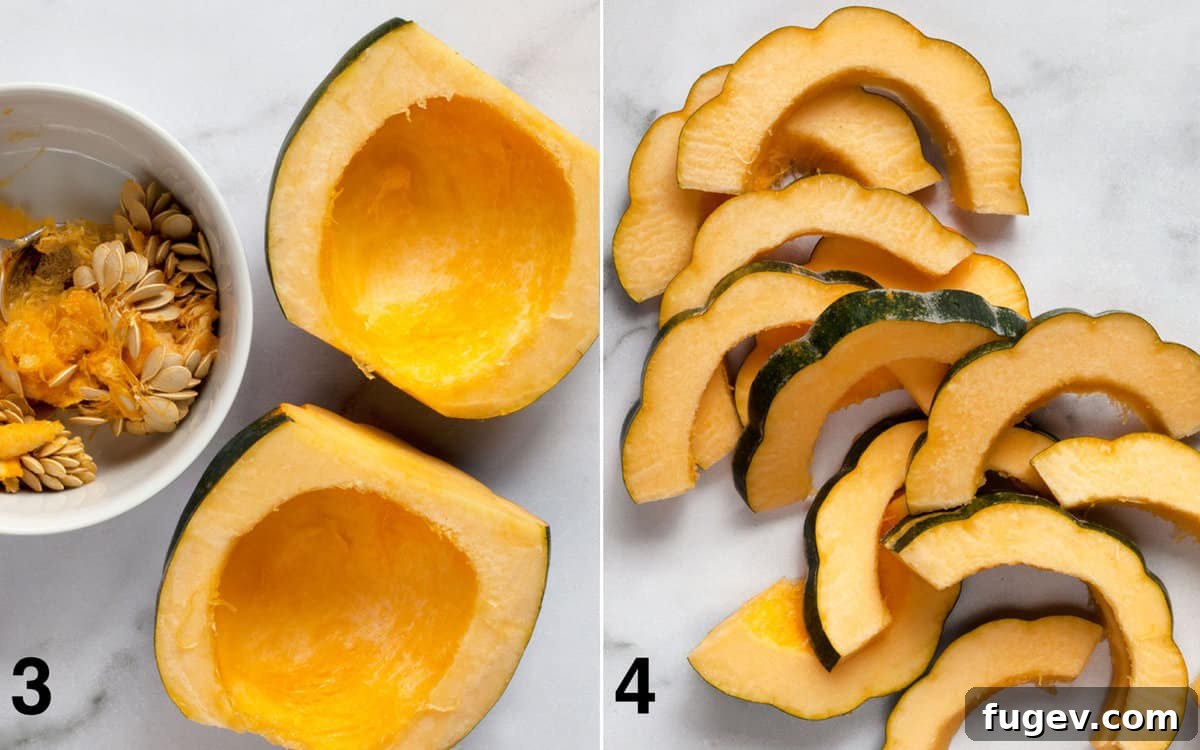 Maple Glazed Acorn Squash 4 Scoop the seeds out of the acorn squash halves and then slice it into even half-rings for roasting.