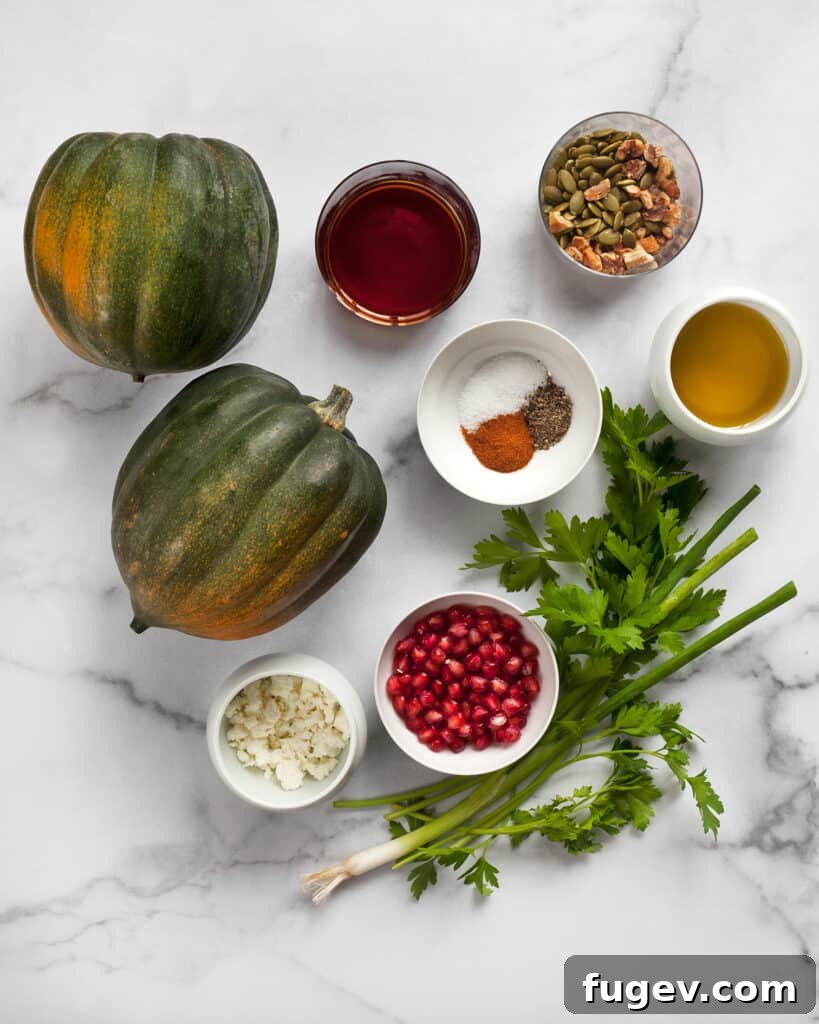Maple Glazed Acorn Squash 5 Ingredients laid out for maple roasted acorn squash including squash, maple syrup, and spices.