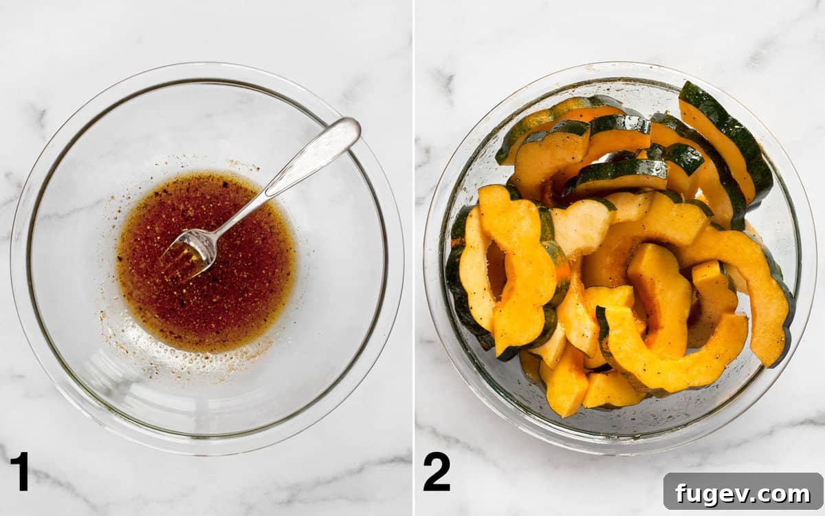 Maple Glazed Acorn Squash 6 Marinade ingredients whisked in a bowl, followed by acorn squash slices being stirred into the marinade.