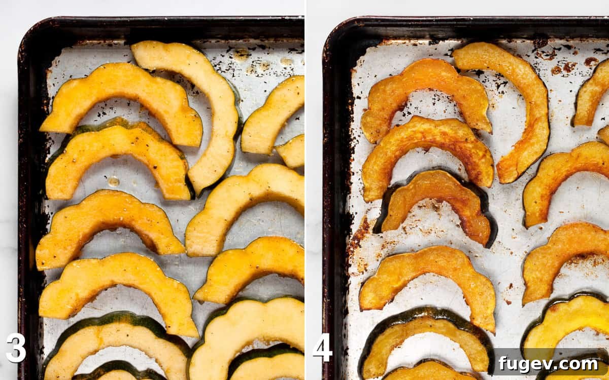 Maple Glazed Acorn Squash 7 Acorn squash slices on a baking sheet before roasting and after being perfectly roasted to a golden brown.