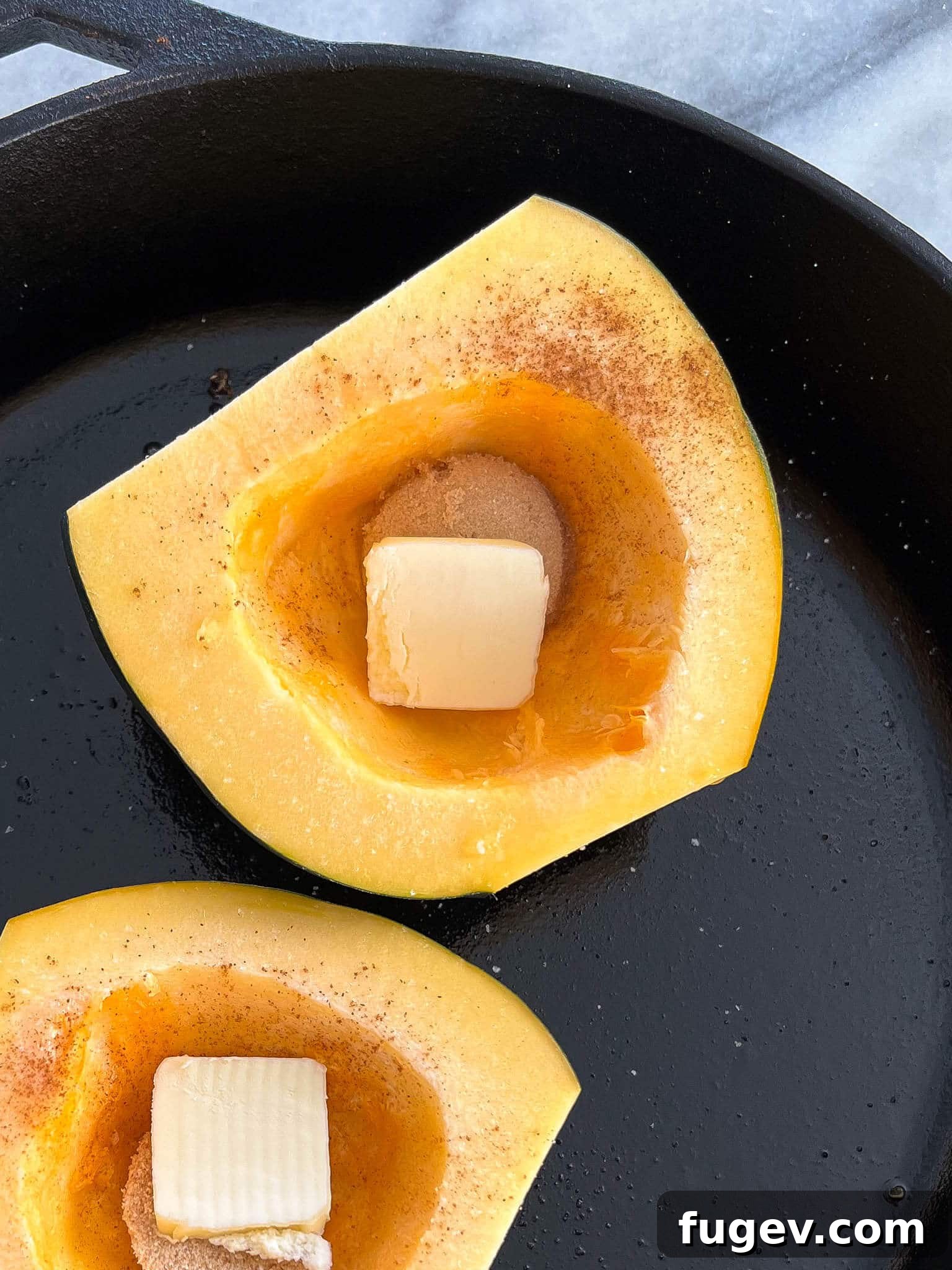 Golden Baked Acorn Squash 3 Uncooked Brown Sugar Baked Acorn Squash with Cubes of Butter and Brown Sugar inside