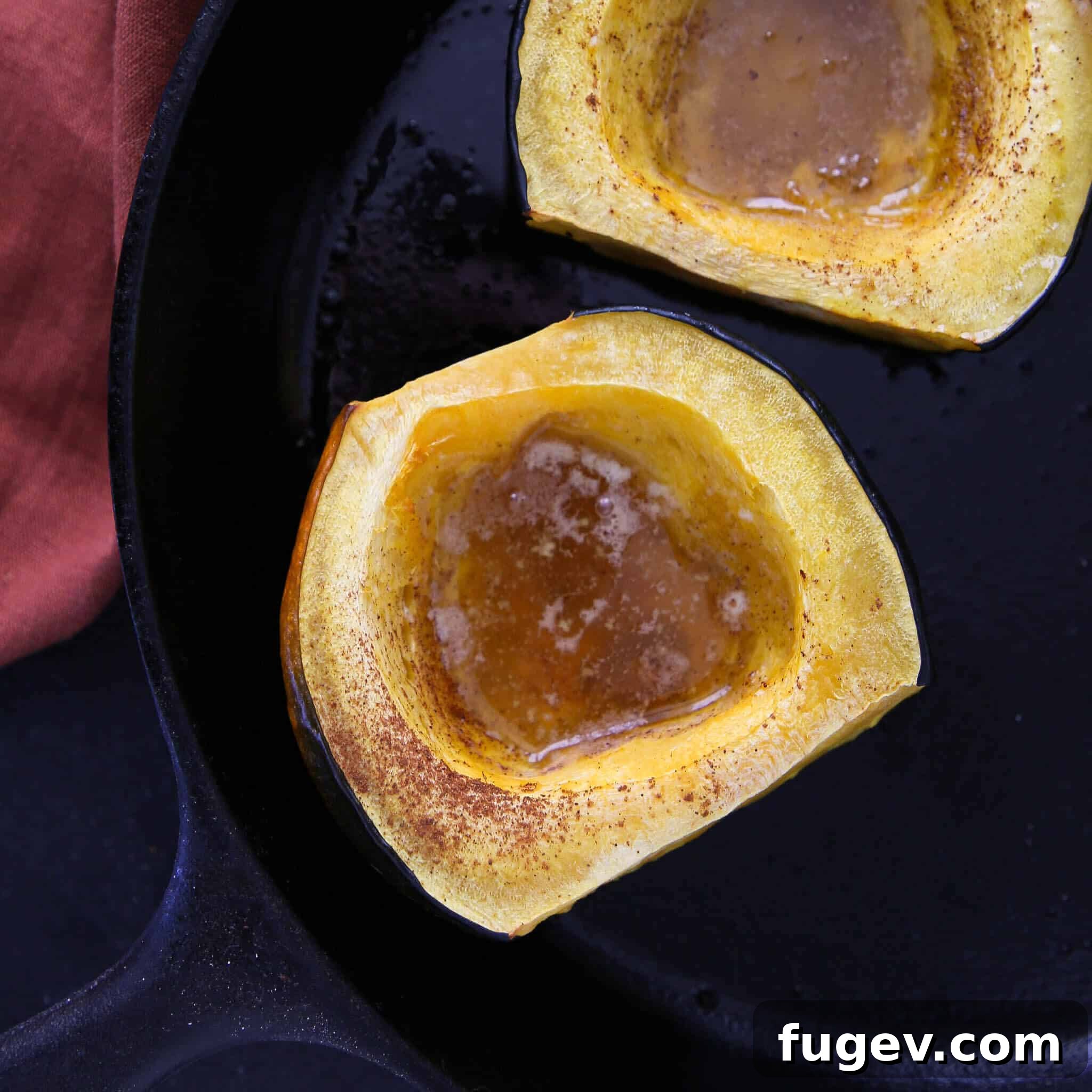 Golden Baked Acorn Squash 6 Two beautiful Brown Sugar Baked Acorn Squash Halves presented on a platter
