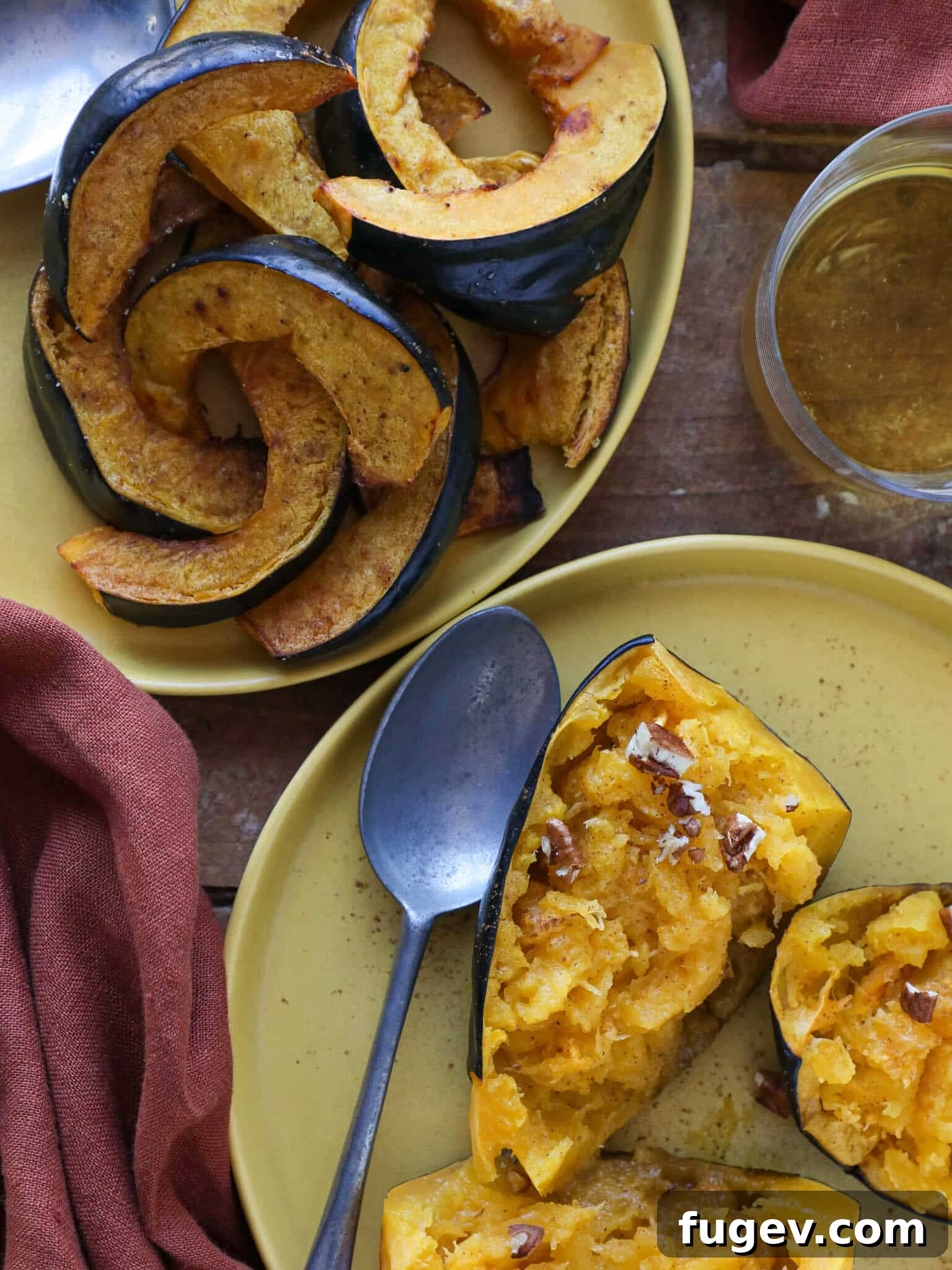 Caramelized Acorn Squash Slices 5 Brown Sugar Baked Acorn Squash Overhead, beautifully presented with a meal.