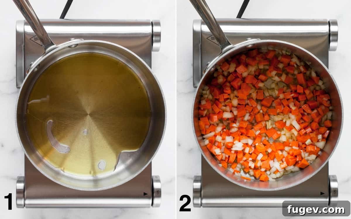 Hearty Red Lentil and Chickpea Soup 4 A step-by-step image showing olive oil heating in a large pot, followed by chopped carrots and onions sautéing until softened.