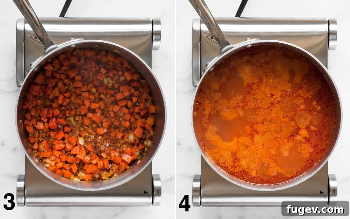 Hearty Red Lentil and Chickpea Soup 5 An image depicting the cooking process: first, spices and garlic are stirred into sautéed carrots and onions, then fire-roasted tomatoes and vegetable broth are added to simmer.
