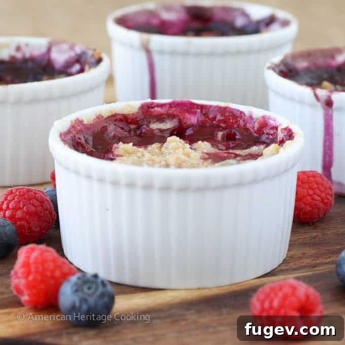Sweet Blueberry Raspberry Crumble Cups 7 Scooping vanilla ice cream onto a warm individual blueberry raspberry crumble.