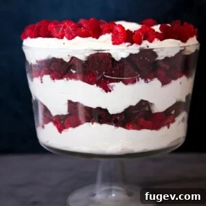 Red Velvet Raspberry Trifle, front square view, highlighting its beautiful layers.