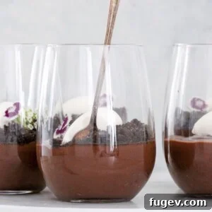 Dark Chocolate Pudding in glass with whipped cream and spoon, a delightful individual dessert.
