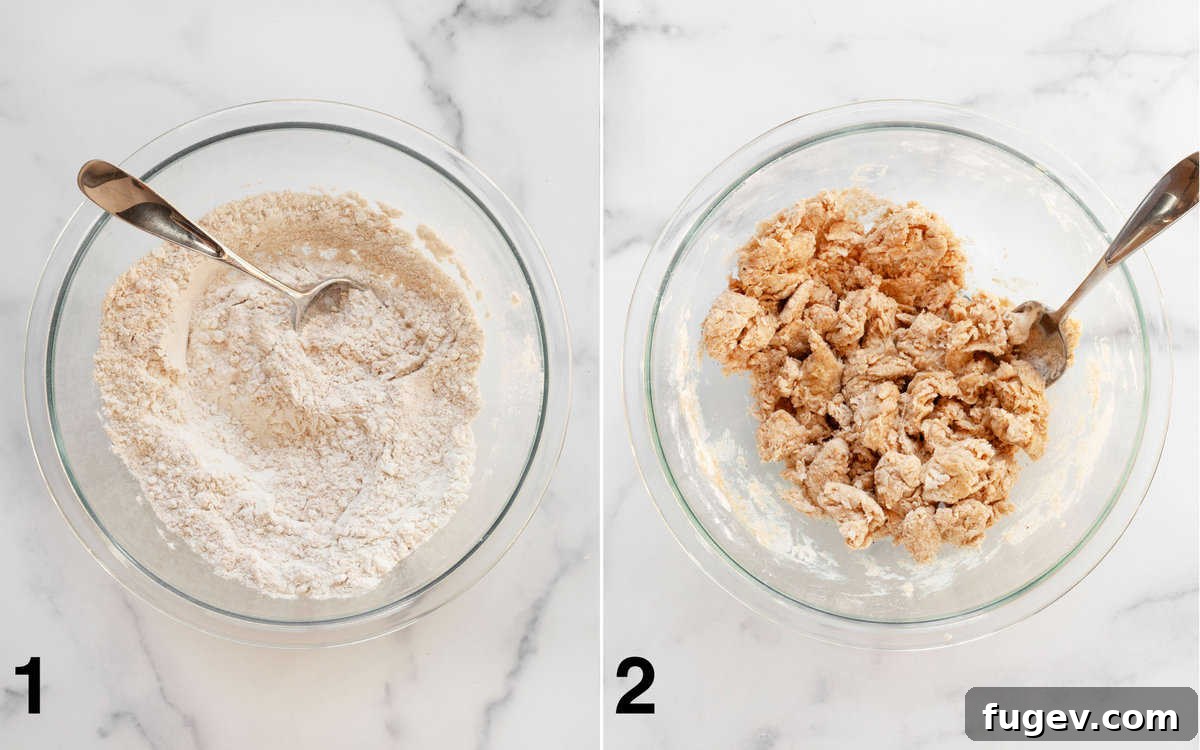The Ultimate Homemade Everything Crackers 4 Left: Dry ingredients in a bowl. Right: Shaggy dough forming after wet ingredients are stirred in.