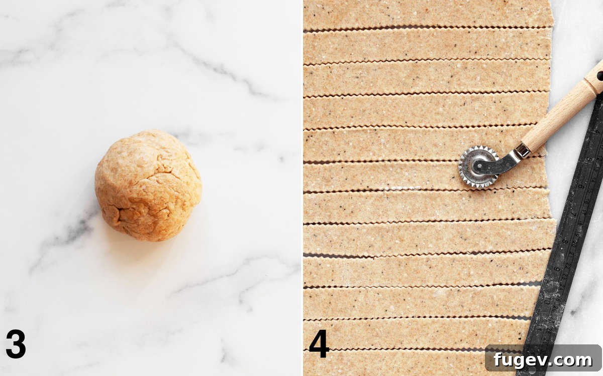 The Ultimate Homemade Everything Crackers 5 Left: Smooth ball of dough ready for rolling. Right: Dough rolled out and being cut into even rows with a fluted pastry cutter and ruler.