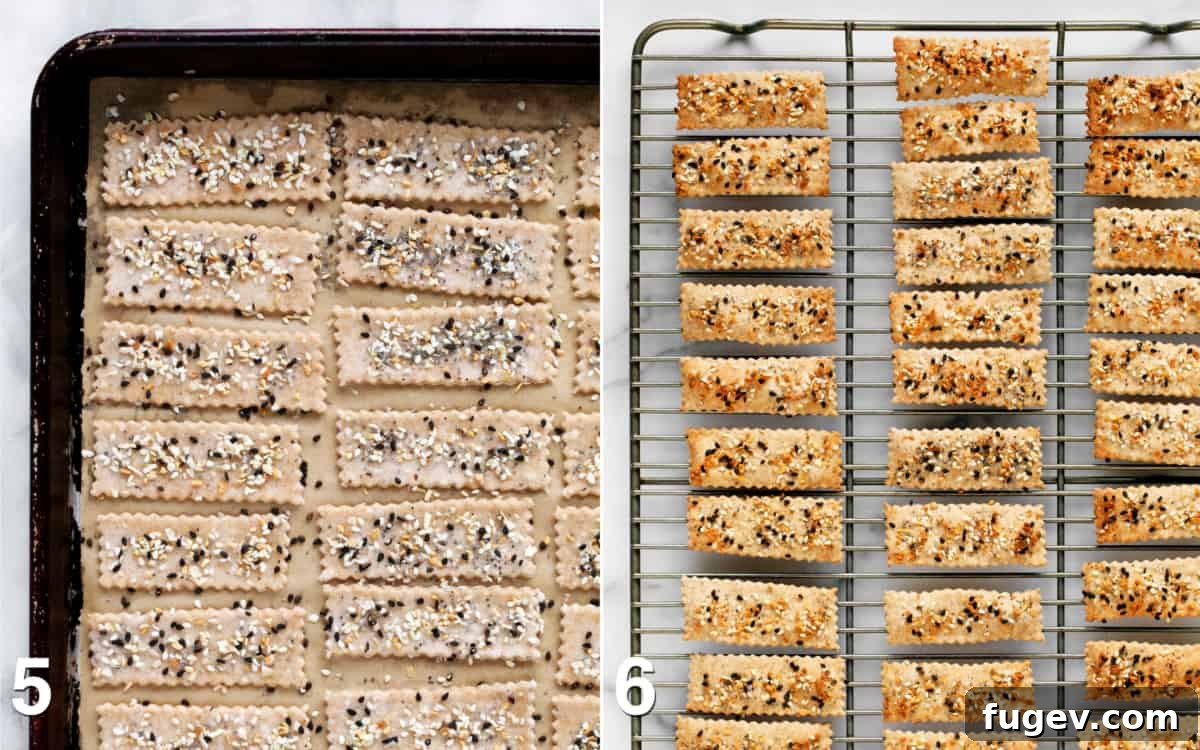 The Ultimate Homemade Everything Crackers 6 Left: Unbaked crackers sprinkled with everything seasoning on a sheet pan. Right: Baked, golden-brown crackers cooling on a wire rack.