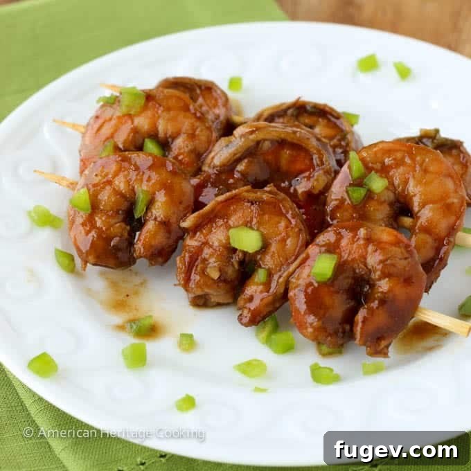 Smoky Ale Shrimp Sizzle 6 Spicy Barbecue Beer Shrimp on a skewer close up