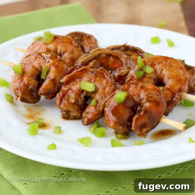 Smoky Ale Shrimp Sizzle 7 Spicy Barbecue Beer Shrimp on three skewers