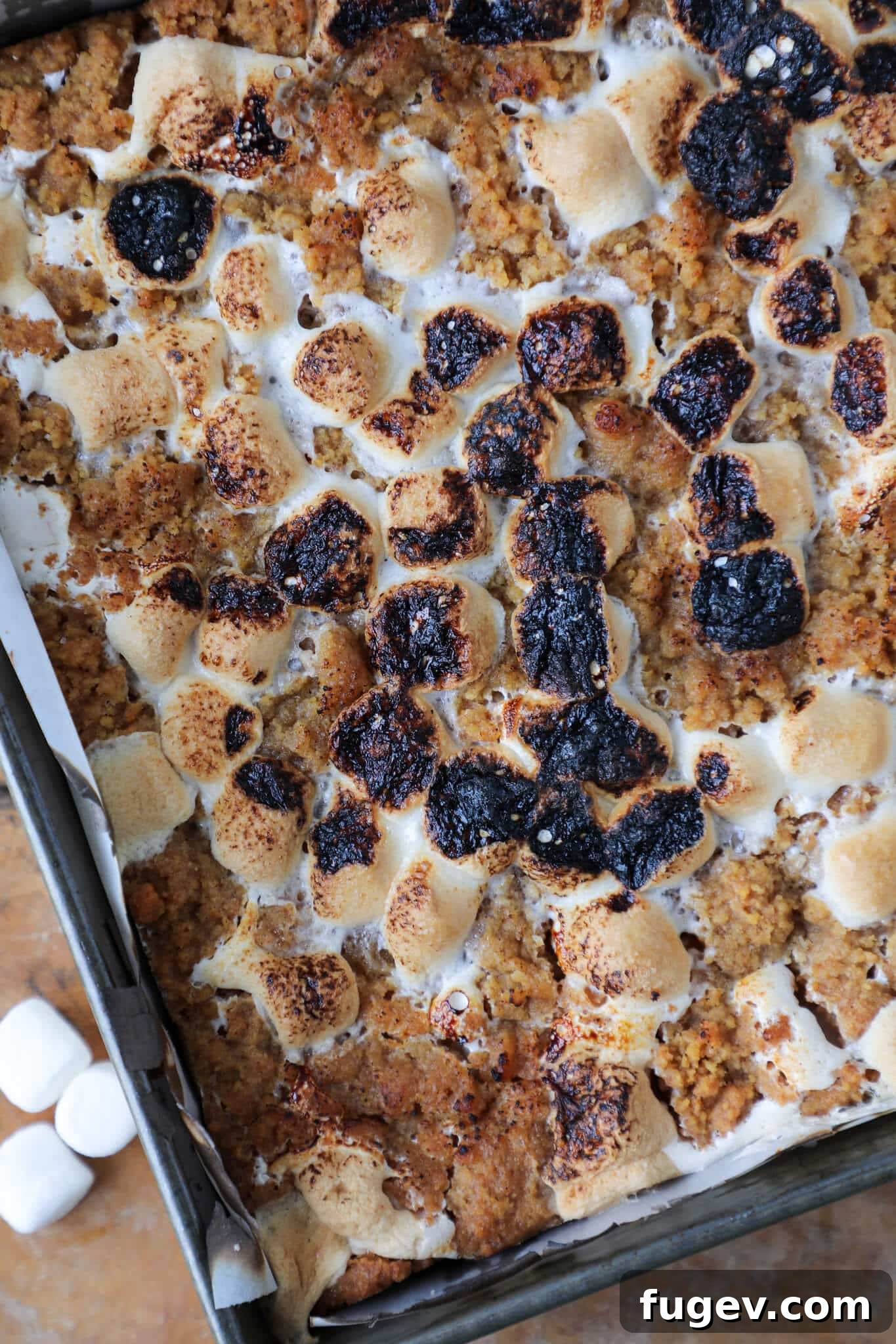 Ooey Gooey S'mores Crumble Bars 5 Top-down view detail of a baked Soft Chewy S'mores Crumble Bar with golden topping