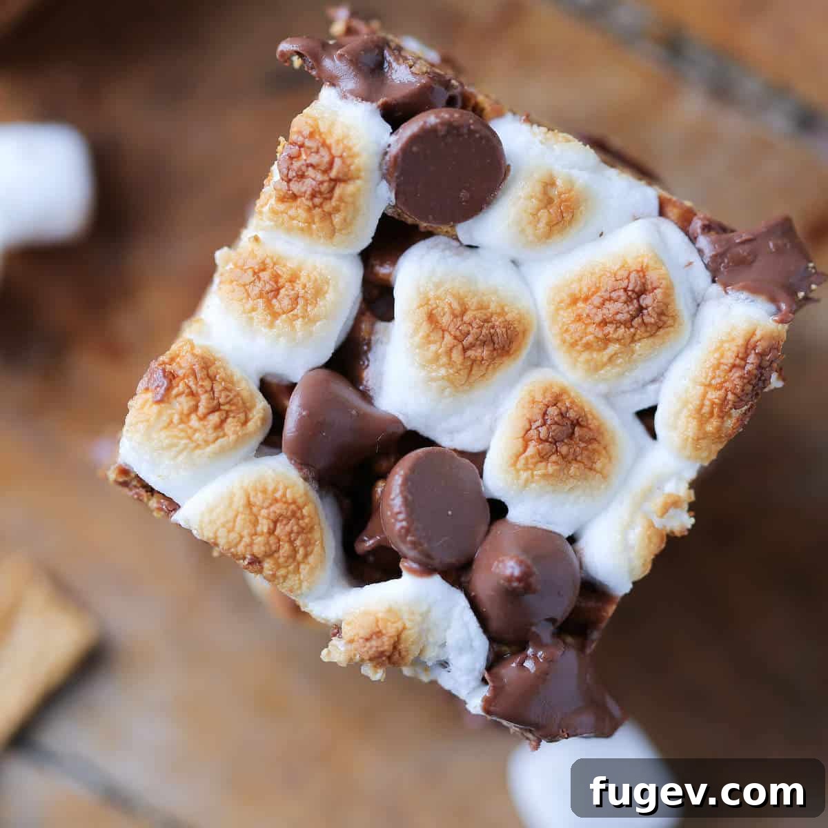 No Bake Golden Graham Smores Treats 8 Close-up of the toasted marshmallow topping on a No Bake Golden Graham Smores Bar.