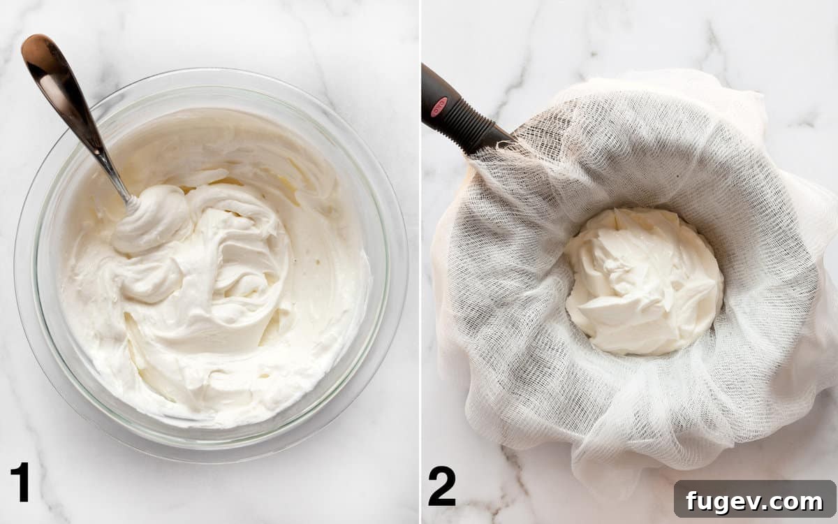 Homemade Labneh: The Greek Yogurt Secret 4 The process begins with stirring Greek yogurt and salt in a bowl, followed by spooning the mixture into a fine mesh strainer lined with cheesecloth.