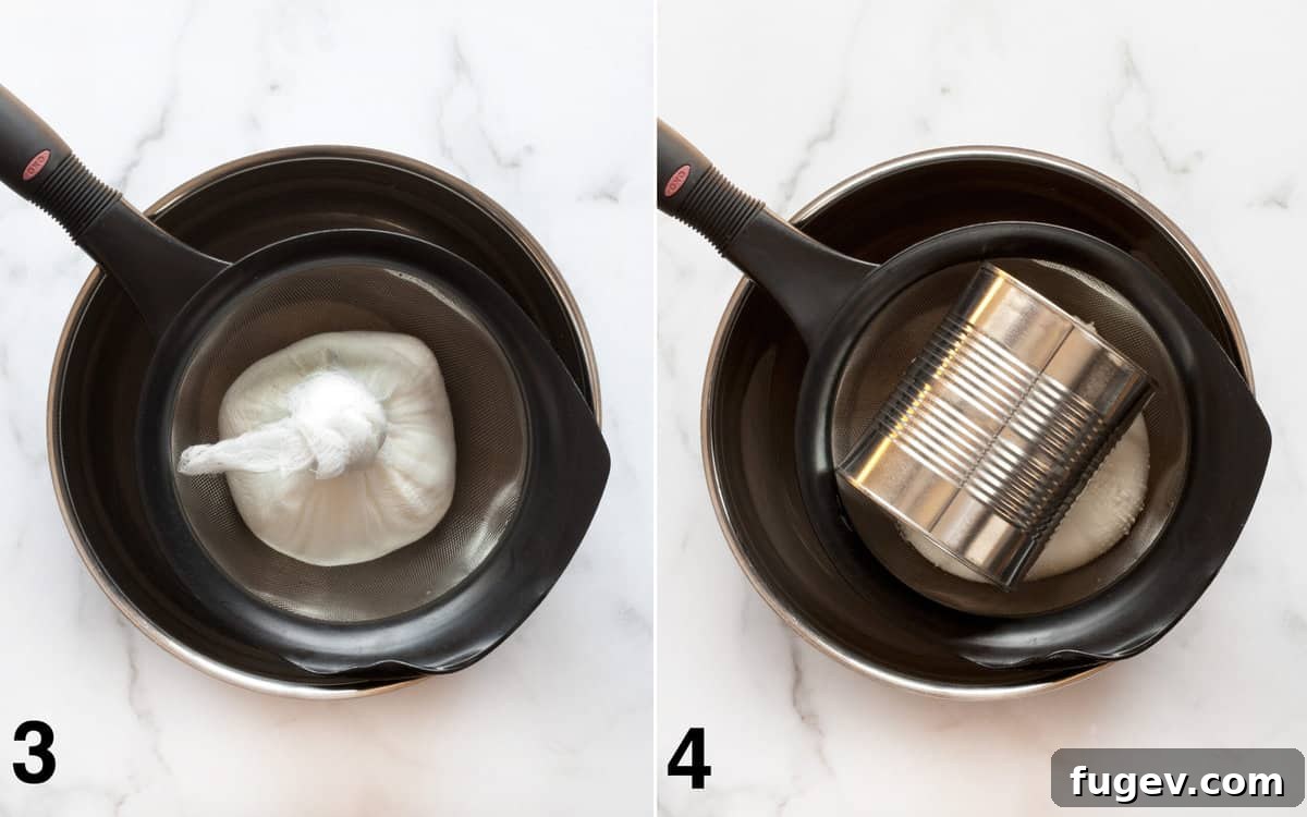 Homemade Labneh: The Greek Yogurt Secret 5 The cheesecloth containing the yogurt is knotted, and a large can is placed on top to apply pressure, aiding in the straining process.