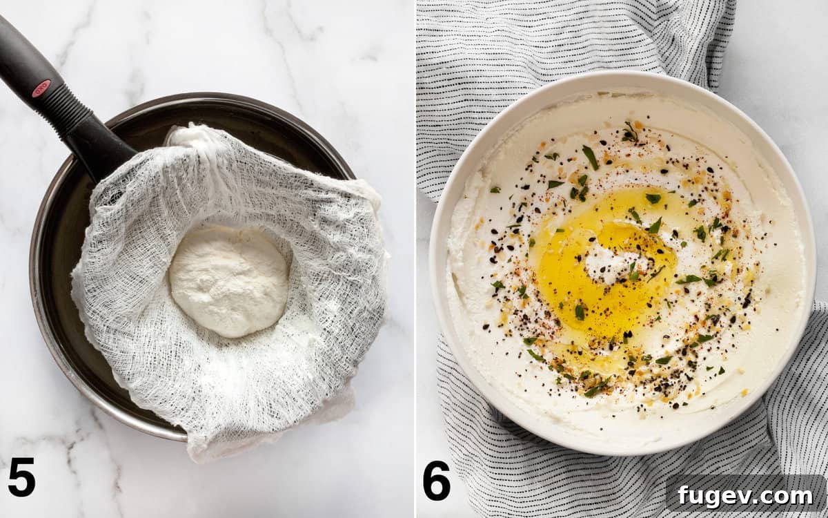 Homemade Labneh: The Greek Yogurt Secret 6 Two images: The first shows the thickened labneh still in the strainer after draining. The second shows the finished labneh served in a bowl, elegantly drizzled with olive oil and garnished with a medley of spices and fresh herbs.