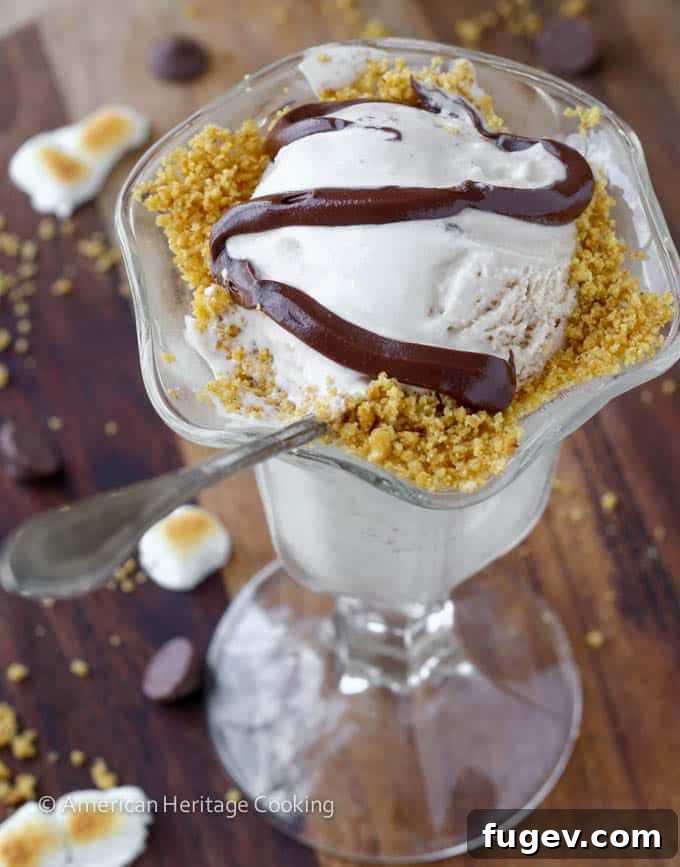 Campfire Smores Ice Cream 4 Toasted Marshmallow Smores Ice Cream in a glass bowl