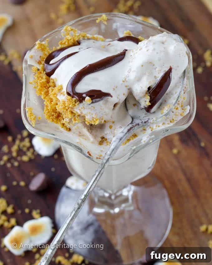 Campfire Smores Ice Cream 5 Toasted Marshmallow Smores Ice Cream in a bowl with a spoon