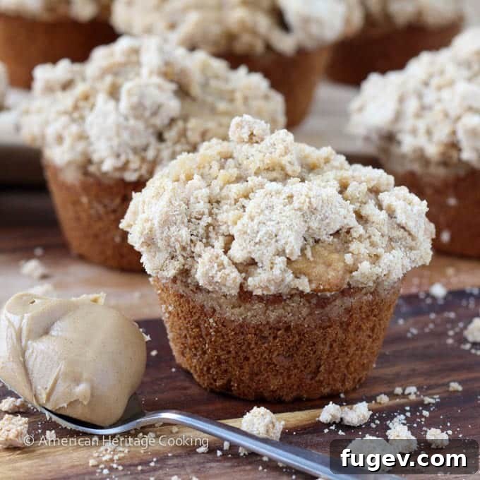 PB & Banana Bliss Muffins 2 Peanut Butter Banana Muffins with Peanut Butter Streusel, a spoonful of peanut butter next to them